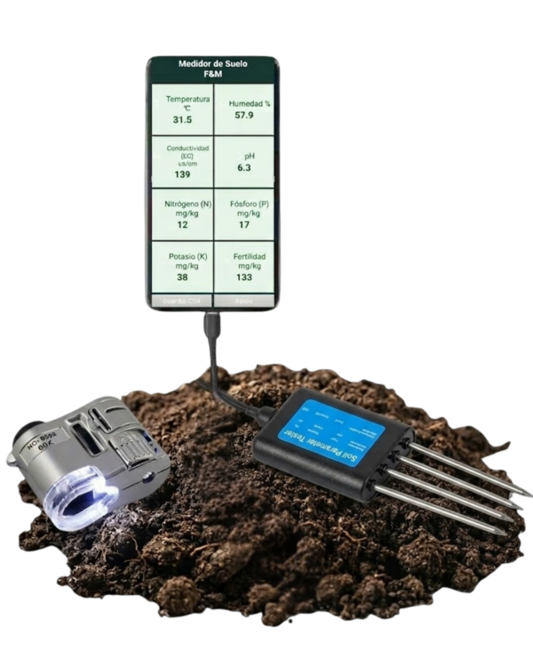 Kit Medidor de Suelo 8 en 1 + Tríptico + Lupa x60